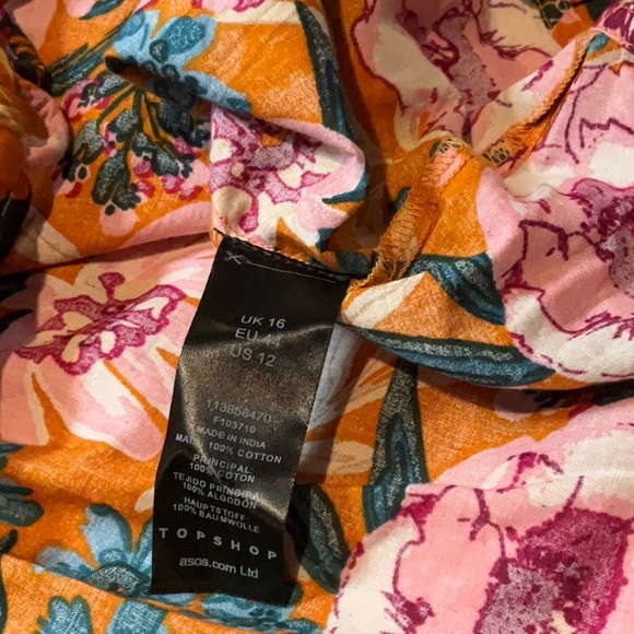 Topshop Orange Floral Three Quarter Inch Puffed Sleeve Mini Dress Size 12 - Picture 5 of 10